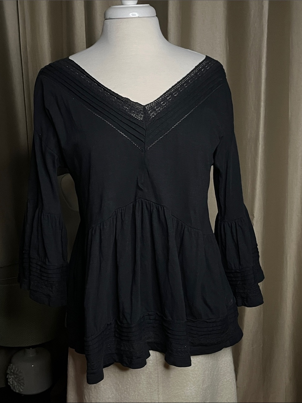 Anthropologie pleated black lace trim blouse 100 cotton